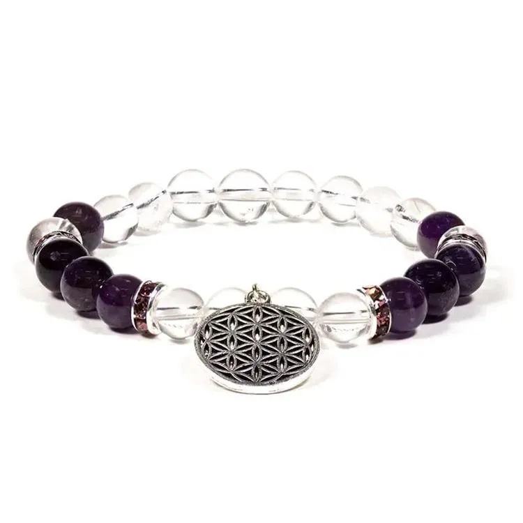 Bracelet Fleur de Vie Améthyste/Cristal de roche